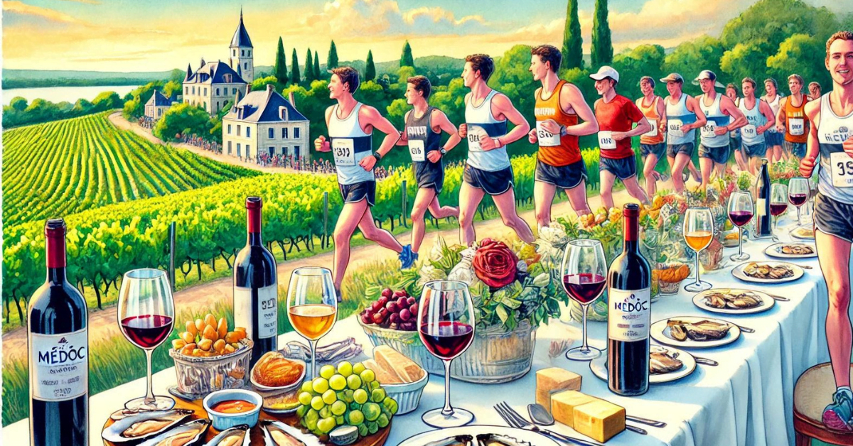 Medoc-Marathon-Food An illustration of runners pausing at a gourmet food stop during the Médoc Marathon, enjoying local delicacies amidst the vineyards.