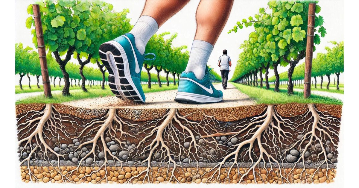 Medoc-Marathon-Terroir An illustration of runners' feet running over the Médoc ground with a cross-section of the soil and surrounding vines.