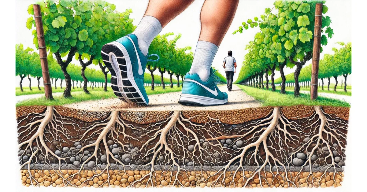 Medoc-Marathon-Terroir An illustration of runners' feet running over the Médoc ground with a cross-section of the soil and surrounding vines.