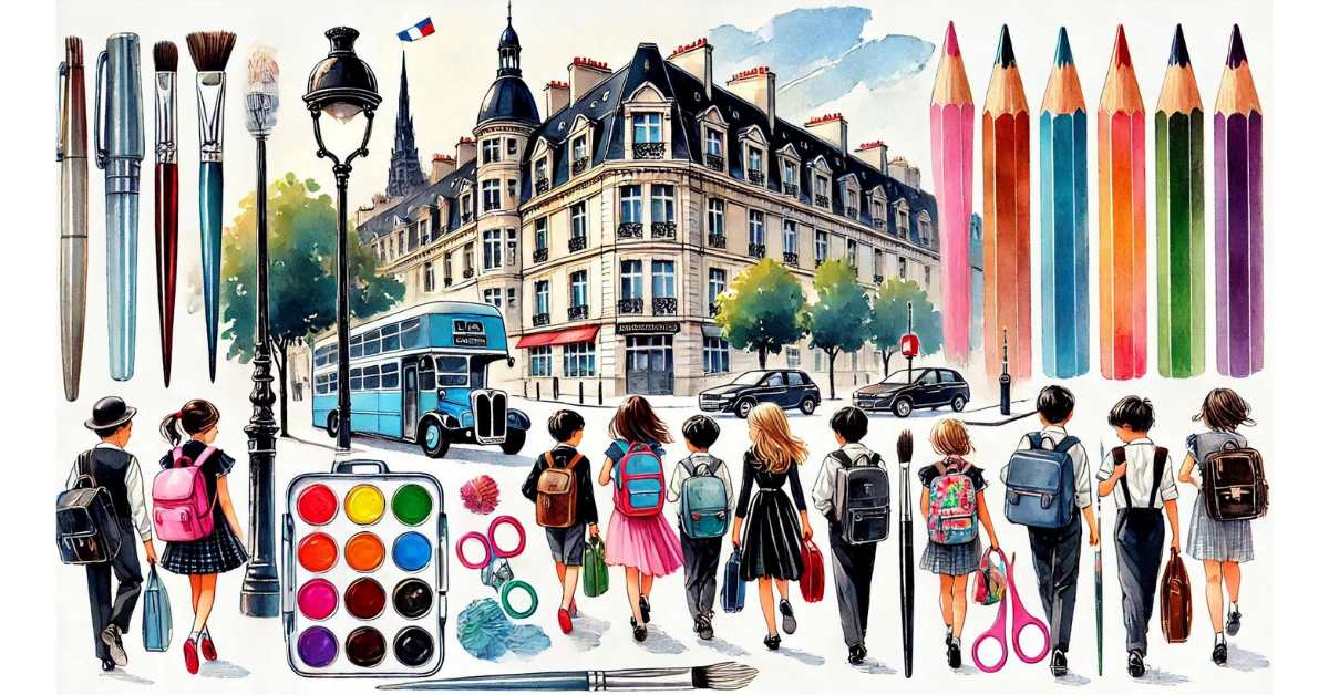 Back-to-School-in-Paris an illustration of school kids going back to school during la rentree in paris surrounded by giant school supplies