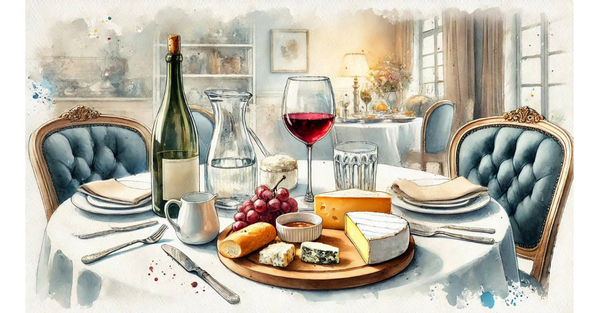 Watercolor illustration of a French-inspired dinner setting at home, featuring a cheeseboard, wine, baguette, and cozy ambiance. Perfect example of how to eat like the French at home.