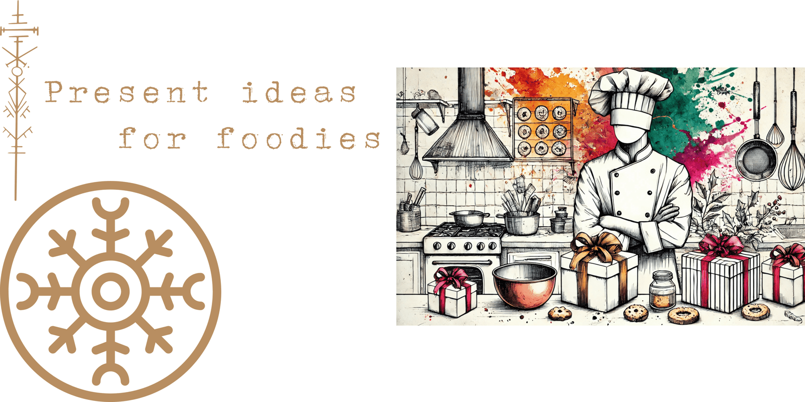 23 Chef's Best Present ideas for Foodies 8 A minimalist illustration of a chef in a rustic kitchen surrounded by beautifully wrapped gifts, drawn with black pen lines and accented with splashes of vivid watercolours. The gifts include truffles, olive oil, cookbooks, and festive items like a copper mixing bowl and a mortar and pestle. The white background enhances the elegant design, creating a warm and inviting scene perfect for a blog about the best present ideas for foodies.
