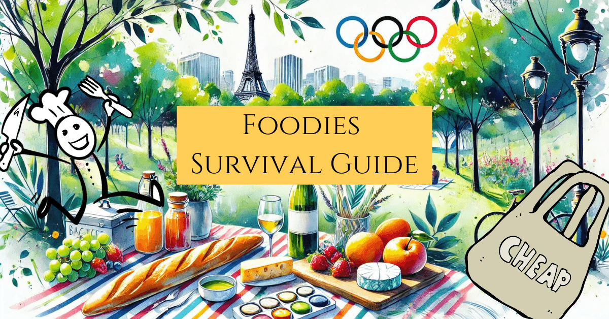 "Forget Michelin Stars" A Chef's Guide to eating cheaply in Paris 3 illustration of a picnic in paris with the text gourmet foodies eating cheaply in Paris