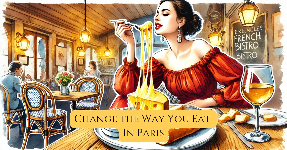 Elegant watercolor illustration of a woman mid-bite enjoying gooey melted cheese at a rustic French bistro, perfect for a Paris walking food tour, showcasing the indulgent flavours of French cuisine.