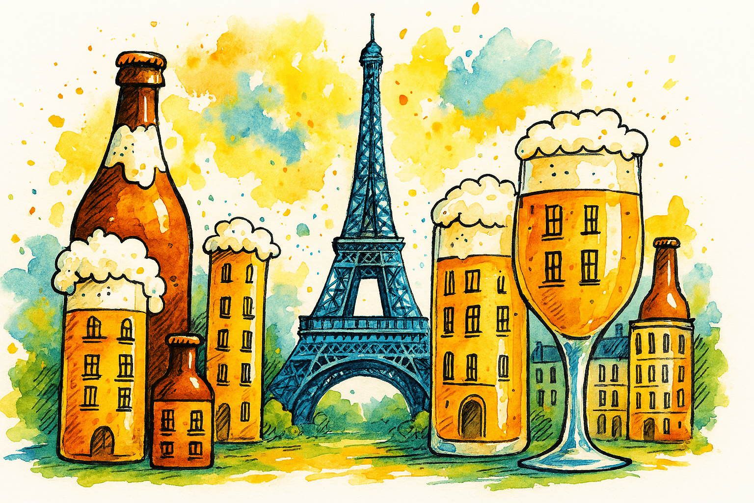 Where to Drink the Best Craft Beer in Paris (From Your Cheffy Craft Beer Geek Guide) 6 Whimsical watercolor illustration of the Eiffel Tower surrounded by Parisian Haussmann buildings made from beer bottles and glasses, in black ink outlines and vibrant colors. A playful visual symbolizing the Paris craft beer scene.