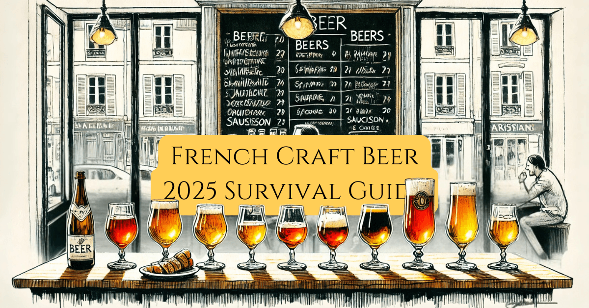 Craft Beer in France: A Survival Guide for Hop Heads in 2025 7 craft beer in france Hero image with the tech French Craft Beer 2025 survival guide embedded in an Minimalist illustration of a Parisian beer bar with a wooden counter, stemmed beer glasses filled with craft beer, a chalkboard menu, and a bartender chatting with a customer. A plate of saucisson and cheese sits on the bar, while a window in the background reveals classic Haussmann-style buildings, evoking a cozy, inviting atmosphere.