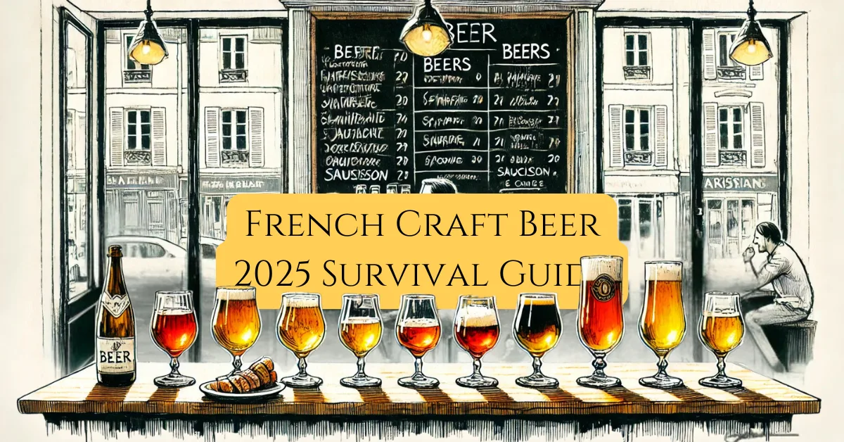 craft beer in france Hero image with the tech French Craft Beer 2025 survival guide embedded in an Minimalist illustration of a Parisian beer bar with a wooden counter, stemmed beer glasses filled with craft beer, a chalkboard menu, and a bartender chatting with a customer. A plate of saucisson and cheese sits on the bar, while a window in the background reveals classic Haussmann-style buildings, evoking a cozy, inviting atmosphere.