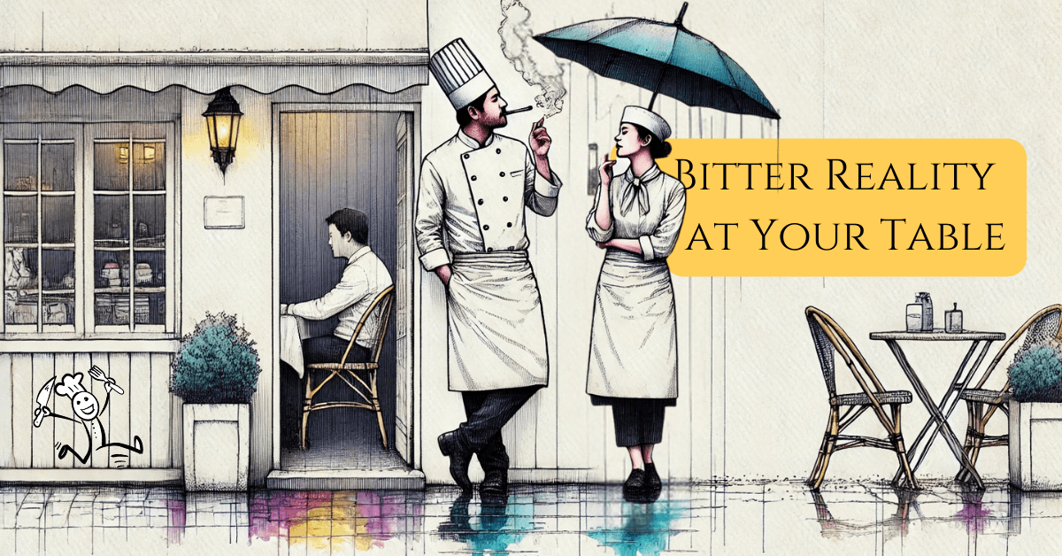 Poverty in Restaurants – A Bitter Reality at Your Table 3 Minimalist illustration of a chef and waitress smoking outside a Parisian restaurant on a rainy day. The chef, wearing a traditional white jacket and toque, leans against the wall under a small awning beside the waitress, who is dressed in a classic uniform with an apron. Rain falls around them, with subtle watercolor accents highlighting reflections on the wet ground. A lamppost and faint outline of the Eiffel Tower in the background add a Parisian atmosphere.