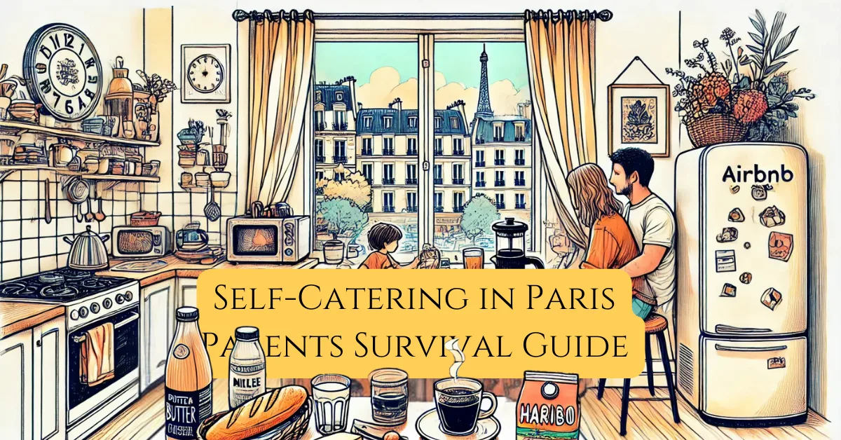 Text of Self-Catering in Paris - Parents Survival Guide on top of an Illustration of a Parisian family-friendly breakfast scene in an Airbnb kitchen, featuring baguette, cheese, coffee, and Haribo candy, with a view of Haussmann buildings and the Eiffel Tower in the background.