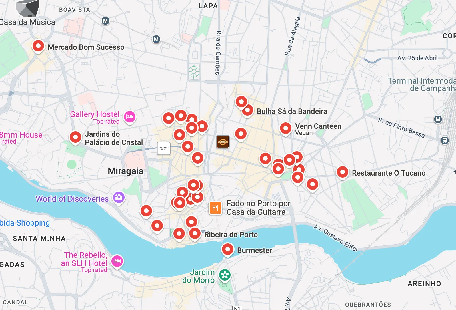 Screenshot 2025-02-25 at 13.58.43 Google Map of Porto highlighting top foodie spots, including great things to do, places to eat all curated for food and wine lovers.