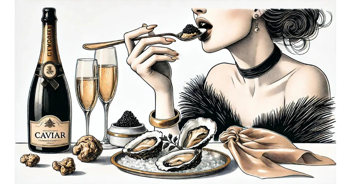illustration of seductive parisian food being eaten by a beutiful woman includes champagne, oysters and more things you can find on Paris Food and Wine Tour