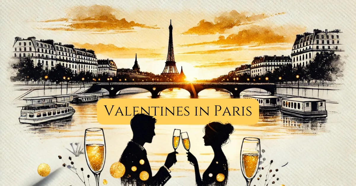 Romantic Paris sunset with a silhouetted couple toasting champagne by the Seine, golden light reflecting on the water and the Eiffel Tower in the background. With the text valentines in paris overlaid on top.