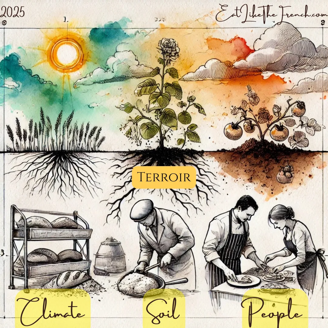  Illustration depicting the key elements of terroir in Parisian cuisine—climate, soil, and people—highlighting the role of fertile land, seasonal weather, and expert craftsmanship in shaping French food culture.