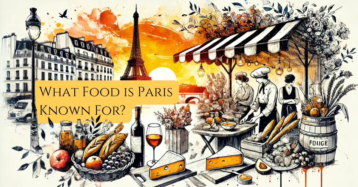 what food is paris known for Illustration of a vibrant Parisian food scene featuring a bustling market, a bistro table with wine and cheese, and the Eiffel Tower in the background. This visual highlights the essence of French gastronomy, enticing readers to explore "What Food is Paris Known For?" in the blog post.