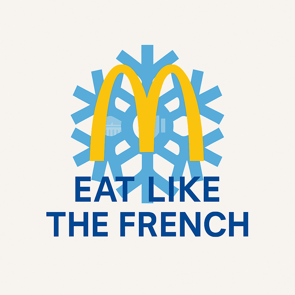 How the French Eat in 2025: A Realistic Look at Modern Habits 4 Parody logo blending McDonald's golden arches and Picard snowflake with text 'Eat Like The French' – satirical take on modern French eating habits in 2025.