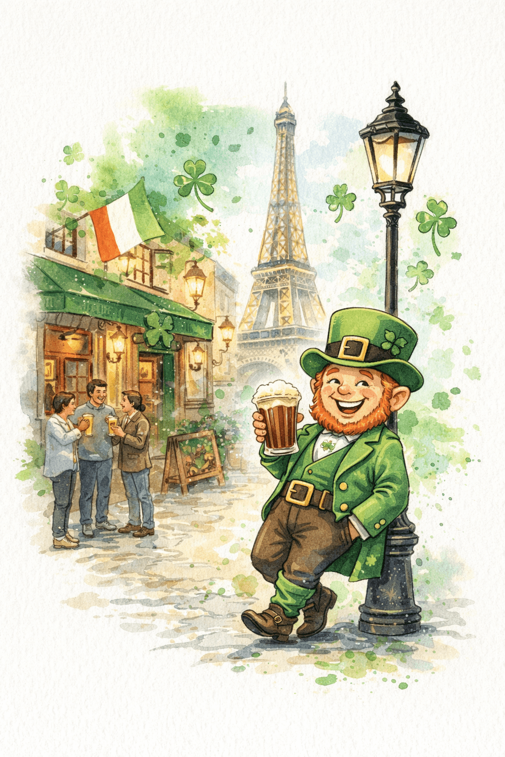 Watercolour illustration of St Patrick’s Day in Paris featuring a leprechaun with a pint outside an Irish pub near the Eiffel Tower.