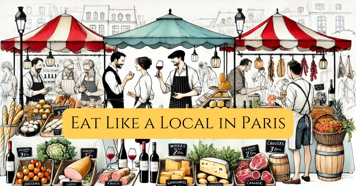 Hero image with words eat like a local in paris made for the blog post local food in paris. Illustration of a vibrant Parisian food market featuring a cheesemonger, winemaker, and butcher surrounded by fresh produce, baguettes, and charcuterie. A romantic, minimalist watercolor-style scene capturing authentic local food culture in Paris.