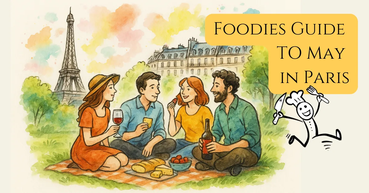 foodies guide what to in paris in may. Spring picnic in Paris illustration with foodies enjoying seasonal French food near the Eiffel Tower — watercolor style for foodie travel blog.