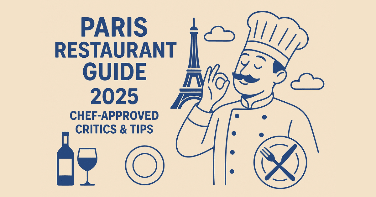 Illustration for Paris Restaurant Guide 2025 featuring a smiling chef, Eiffel Tower, wine, and plate—chef-approved local food tips and critics.