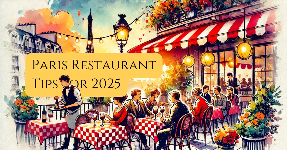 Paris Restaurant Tips for Tourists in 2025: A Step-by-Step Dining Guide 1 Illustration of a vibrant Parisian restaurant terrace with tourists dining, a waiter serving wine, and the Eiffel Tower in the background – blog header for Paris Restaurant Tips for Tourists in 2025.