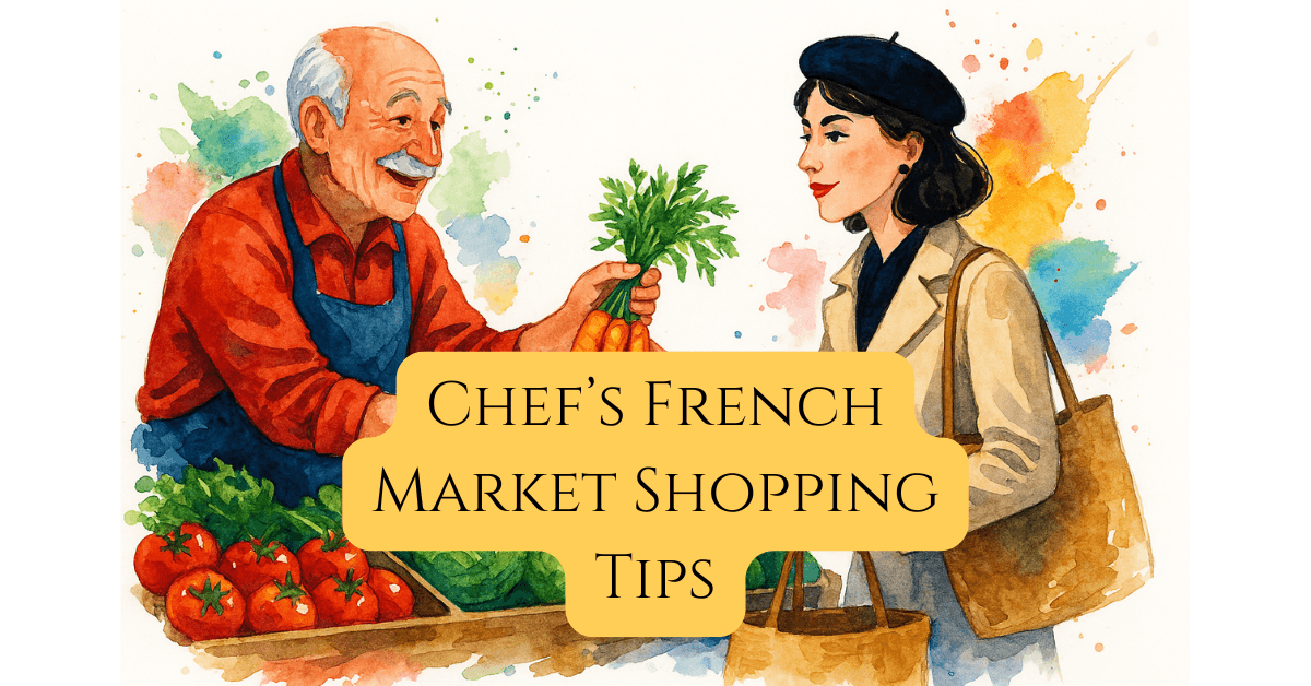 This Chef’s Rules for Seducing a French Market (And Not Looking Like an Idiot) 1 Headling "Chefs French Market Shopping Tips" on top of Friendly French market vendor handing fresh carrots to a stylish Parisian woman at a vegetable stall, watercolor illustration on white background for the blog about how to shop at a french market
