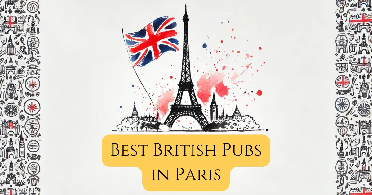 Illustration of the Eiffel Tower waving a British flag, with delicate pen outlines and romantic watercolor highlights, for Best British Pubs in Paris.