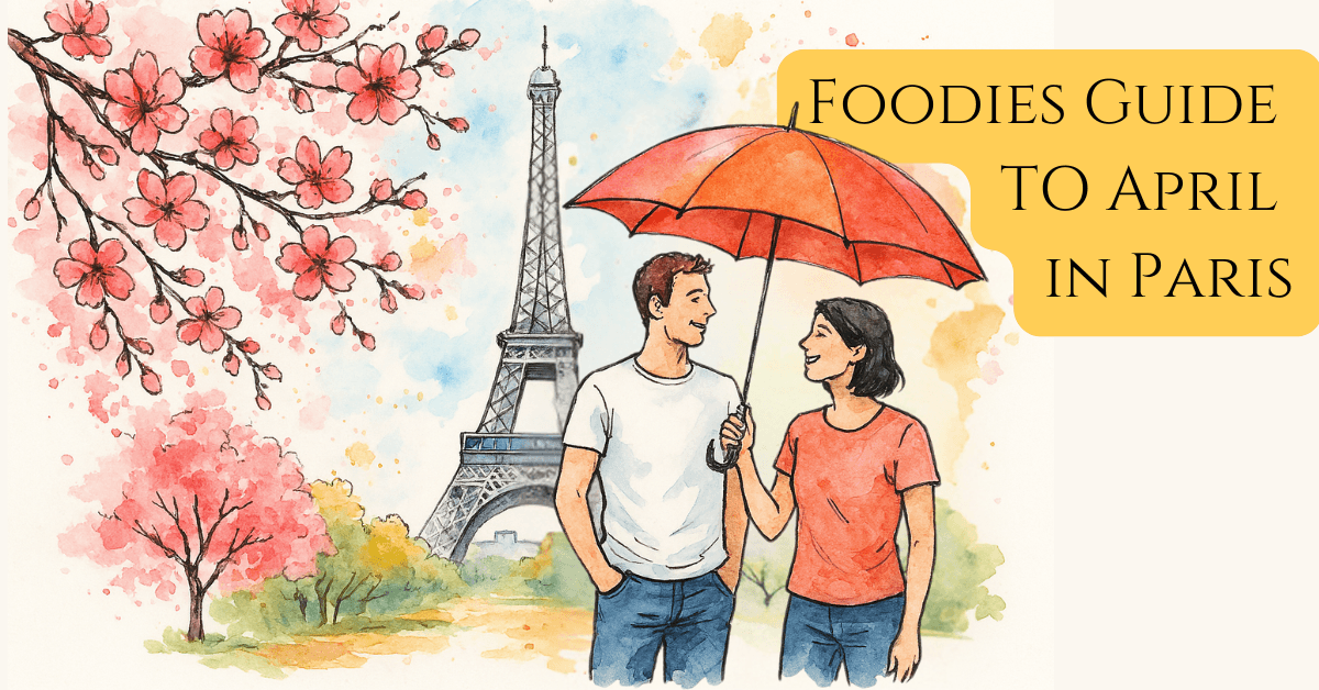 What to Do in Paris for Foodies in April 2025 4 Watercolor-style illustration of spring in Paris with cherry blossoms, the Eiffel Tower, and people in t-shirts sharing an umbrella—capturing April's mix of sunshine and showers. hero image for a foodie blog about what to eat and do in Paris in April 2025.