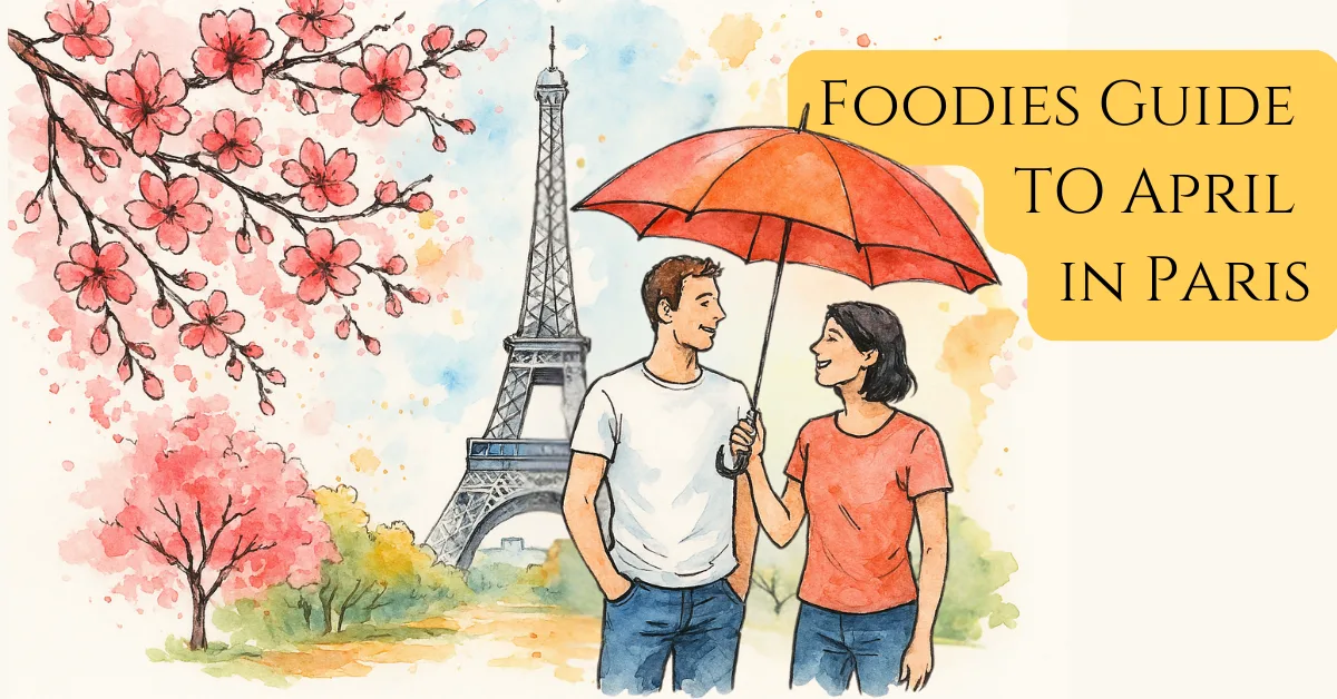Watercolor-style illustration of spring in Paris with cherry blossoms, the Eiffel Tower, and people in t-shirts sharing an umbrella—capturing April's mix of sunshine and showers. hero image for a foodie blog about what to eat and do in Paris in April 2025.