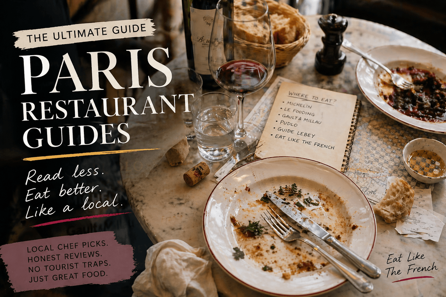 Messy Paris restaurant table after a meal with wine, plates and notes – chef’s guide to where to eat in Paris