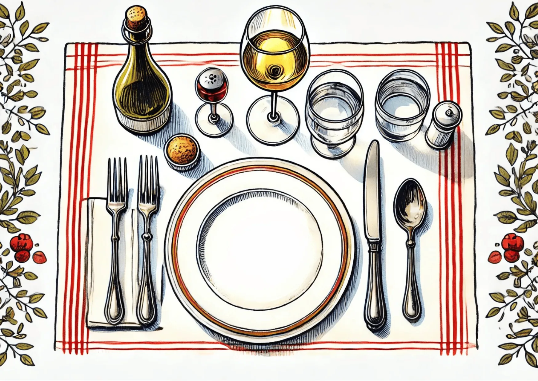 paris restaurant table setting Minimalist watercolor of a Parisian restaurant table setting with wine, water carafe, and bread – dining etiquette visual guide Paris 2025.