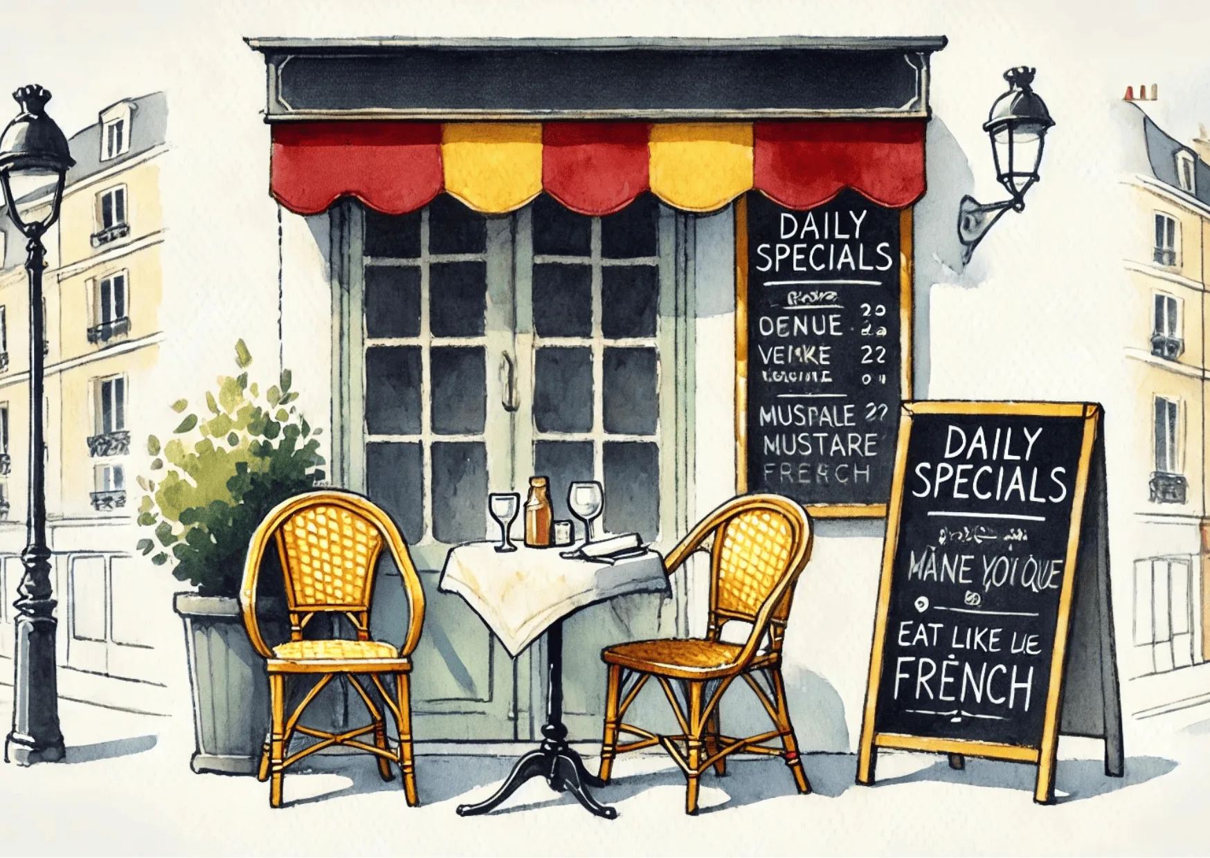 restaurant paris menu Watercolor illustration of a Parisian restaurant chalkboard menu with daily specials – visual for choosing restaurants in Paris blog post