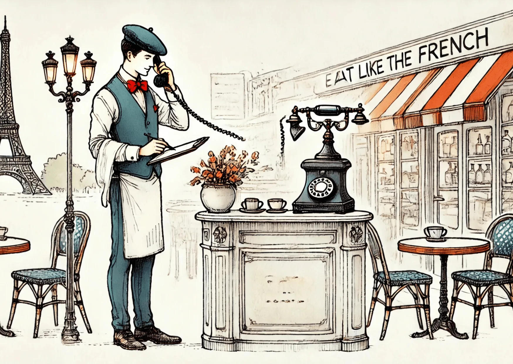 restaurant paris reservation Parisian waiter taking a reservation call inside a cozy restaurant – watercolor illustration for restaurant reservation tips in Paris 2025.