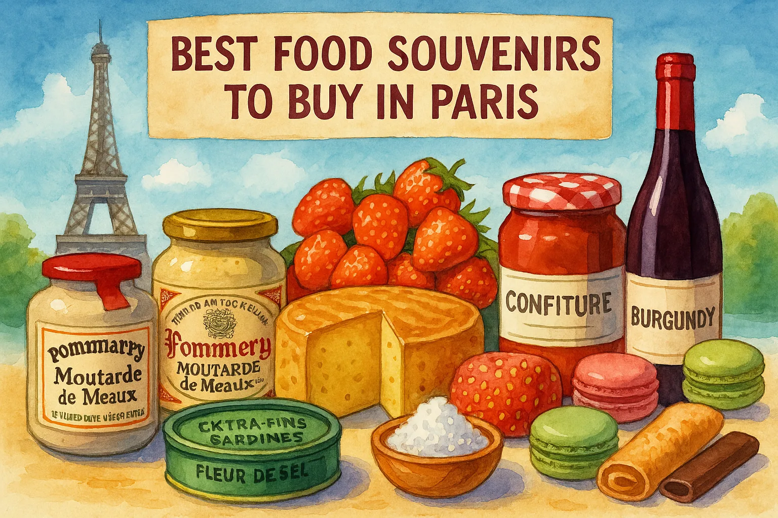 Hand-painted watercolor illustration of the best food souvenirs from Paris, featuring mustard, cheese, wine, fleur de sel, macarons, and jam with the Eiffel Tower in the background.