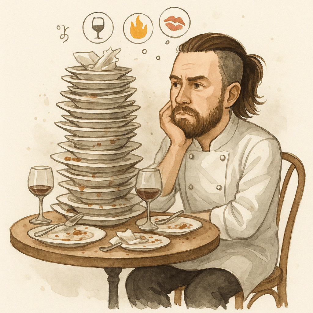 Chef Tris overwhelmed at Parisian café table with dirty dishes and food review emojicons — Eat Like The French illustration