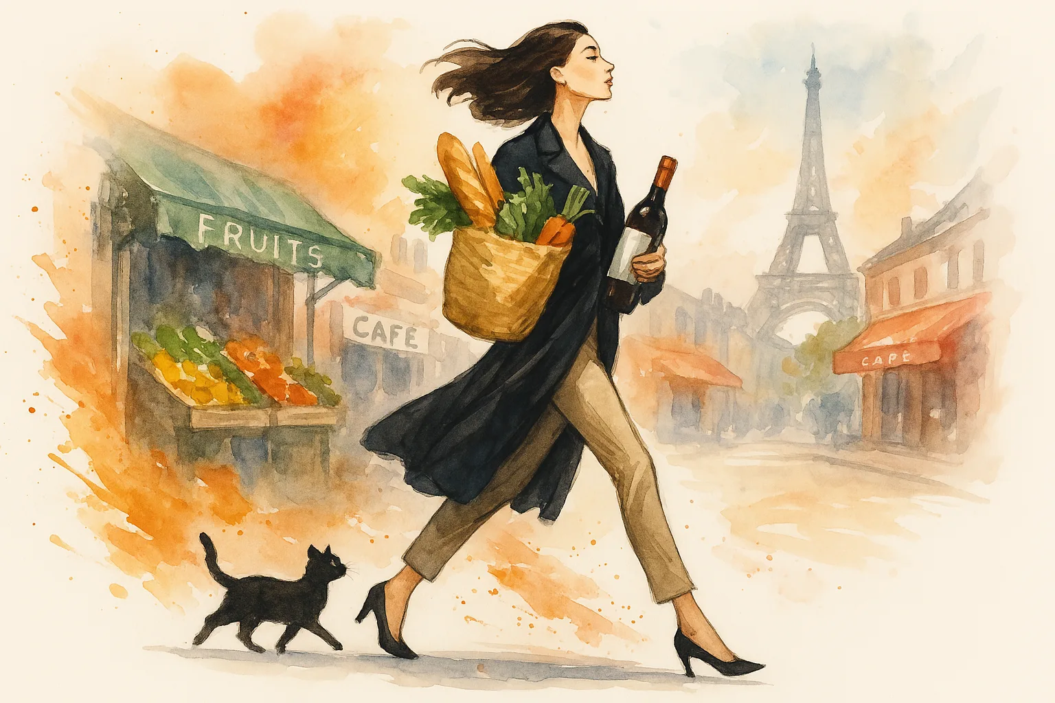 Stylish Parisian woman walking with groceries and a black cat on a cobbled street, watercolor illustration with vibrant splashes. Hero image for How to Shop for Food Like a French Chef