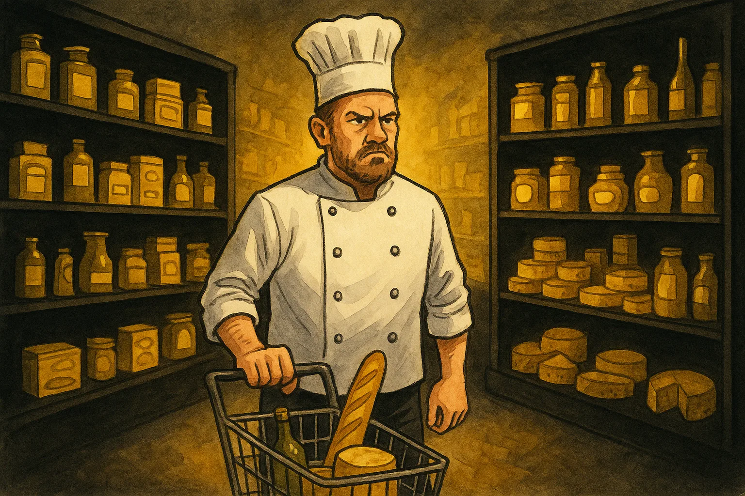 Illustration of Grumpy chef shopping at Le Grand Épicerie de Paris surrounded by luxury gourmet shelves glowing with golden produce