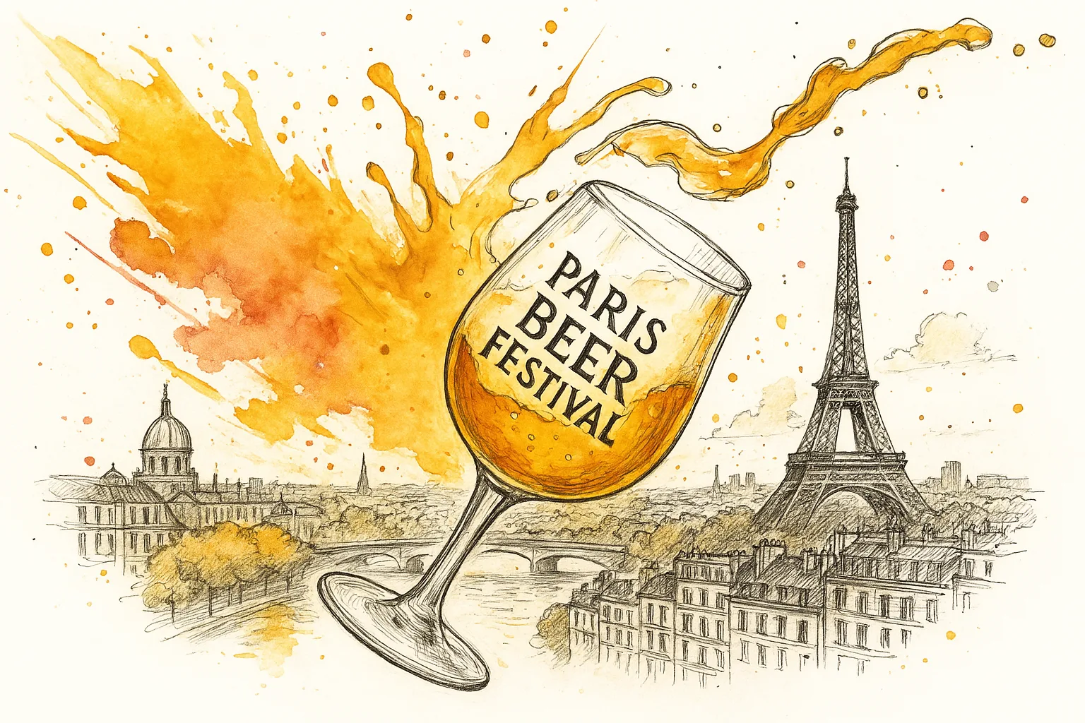 Illustration of a flying French beer glass spilling vibrant golden beer across the Paris skyline, with watercolor splashes and ink drawings of landmarks, promoting Paris Beer Festival 2025.