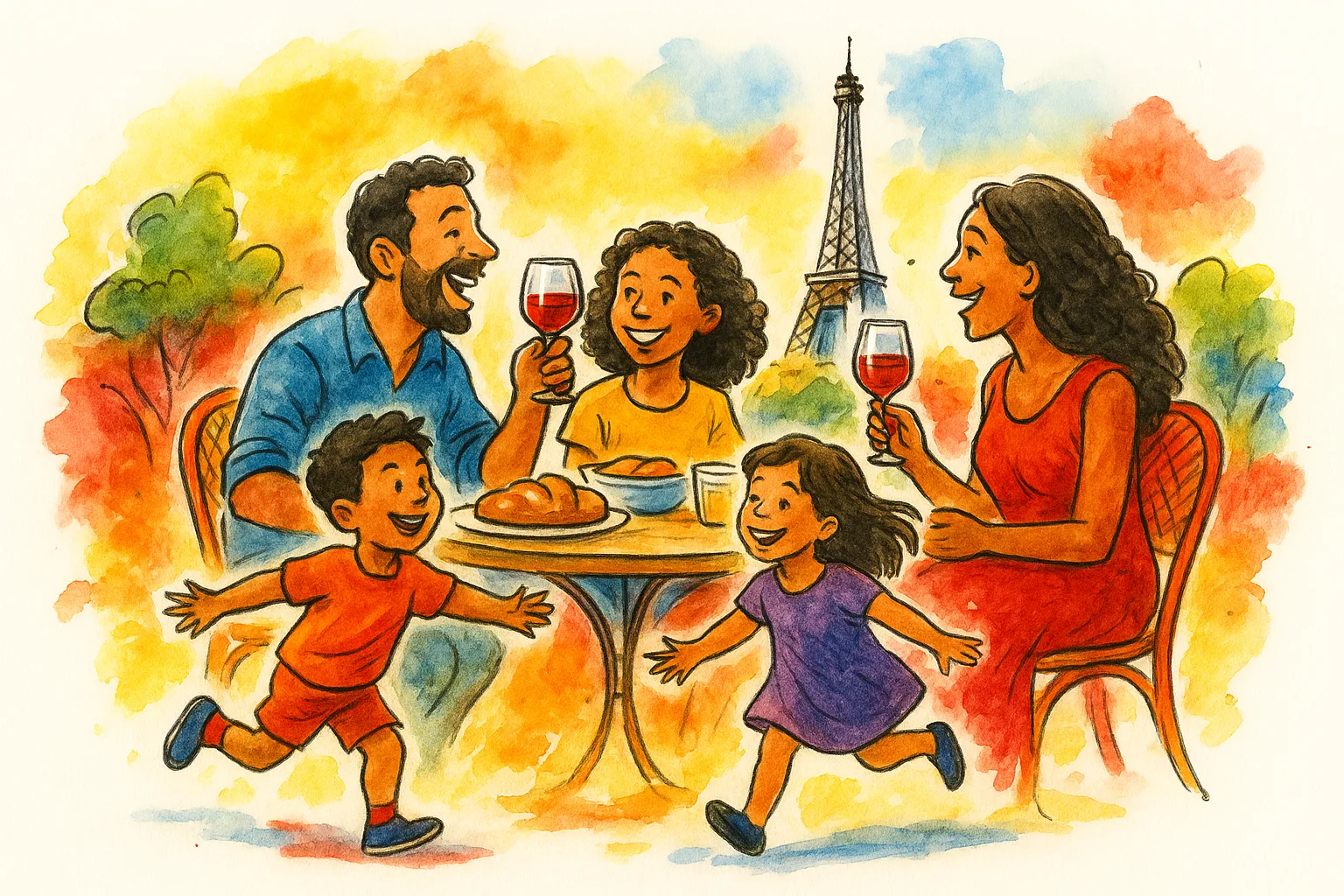 1 Vibrant watercolor illustration of a diverse family enjoying a Paris food tour, with children playing, wine and bread on the table, and the Eiffel Tower in the background.