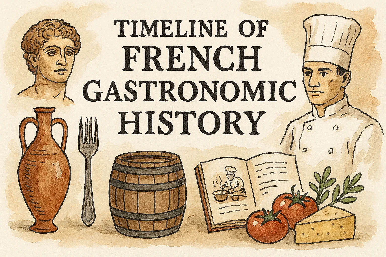 Watercolor and ink illustration depicting key moments in the timeline of French gastronomic history, including ancient amphorae, medieval cookbooks, and 19th-century chefs.