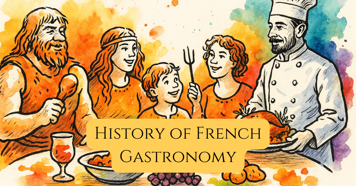The Delicious Evolution of French Food: A (Very Geeky) Origin Story 3 Illustration showing the history of French gastronomy with a Gaulish family feasting alongside chef Escoffier in watercolor and ink style