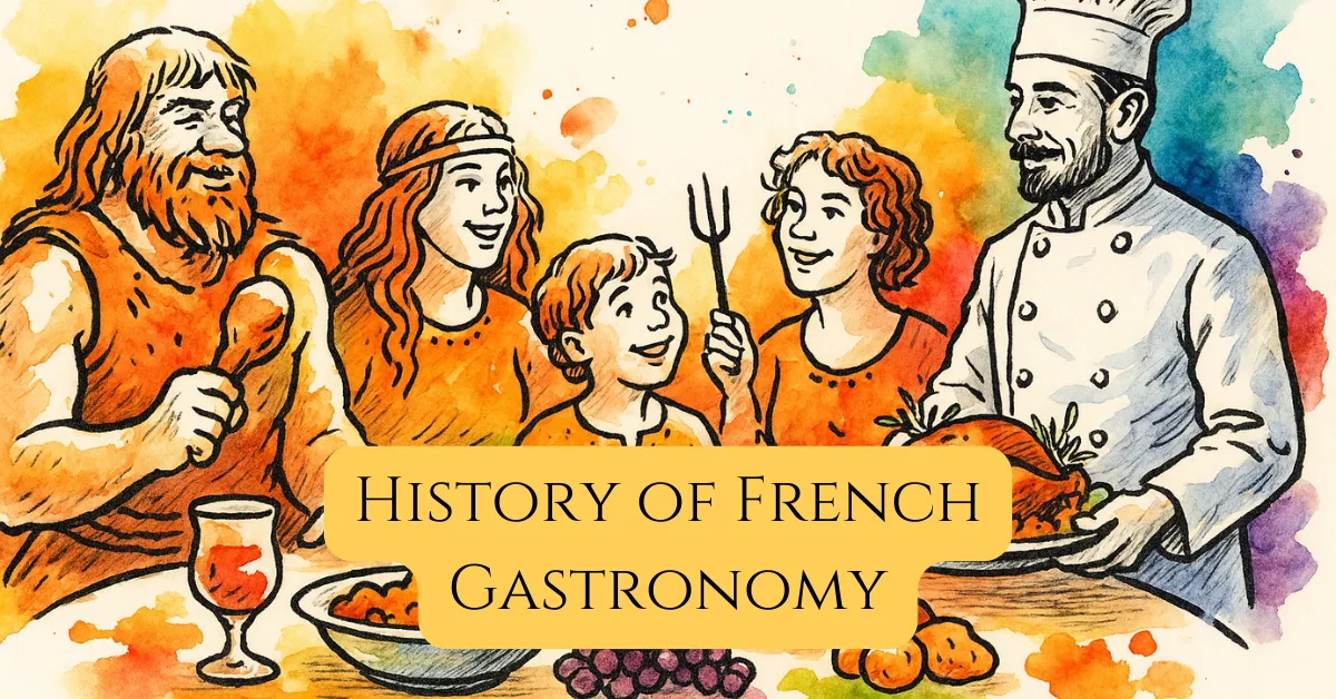 Illustration showing the history of French gastronomy with a Gaulish family feasting alongside chef Escoffier in watercolor and ink style