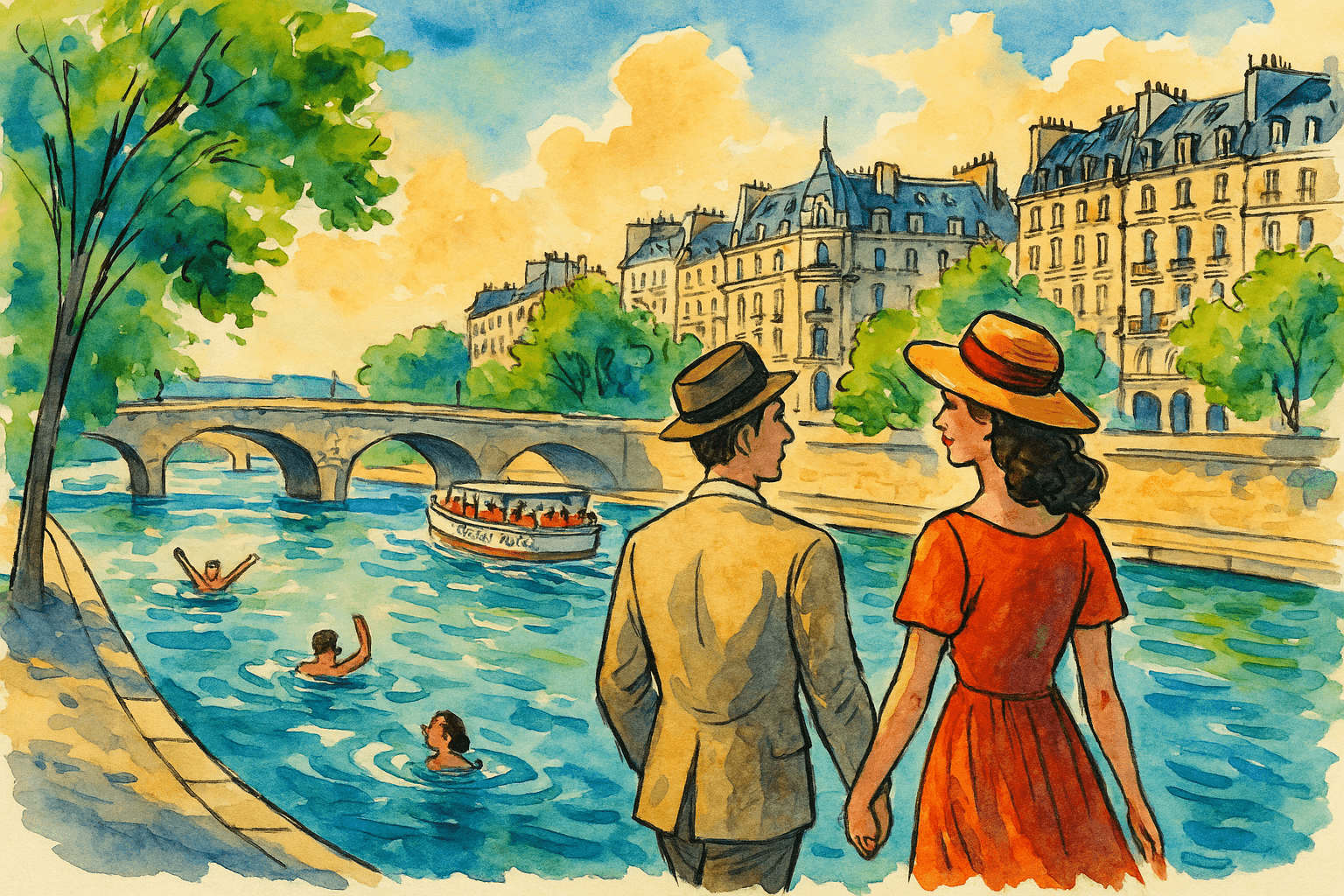 What to Do in Paris for Foodies in June 2025 2 Watercolor illustration of a stylish couple walking along the Seine in Paris with swimmers, boats, and Haussmannian buildings in the background during summer 2025
