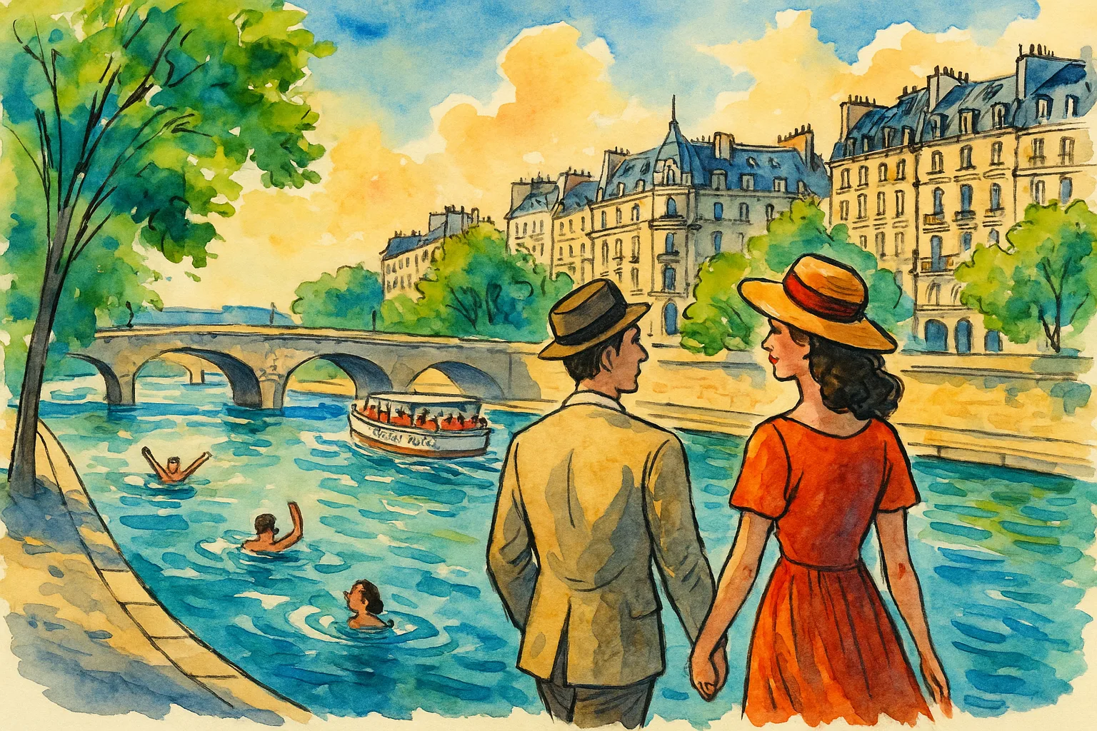 Watercolor illustration of a stylish couple walking along the Seine in Paris with swimmers, boats, and Haussmannian buildings in the background during summer 2025