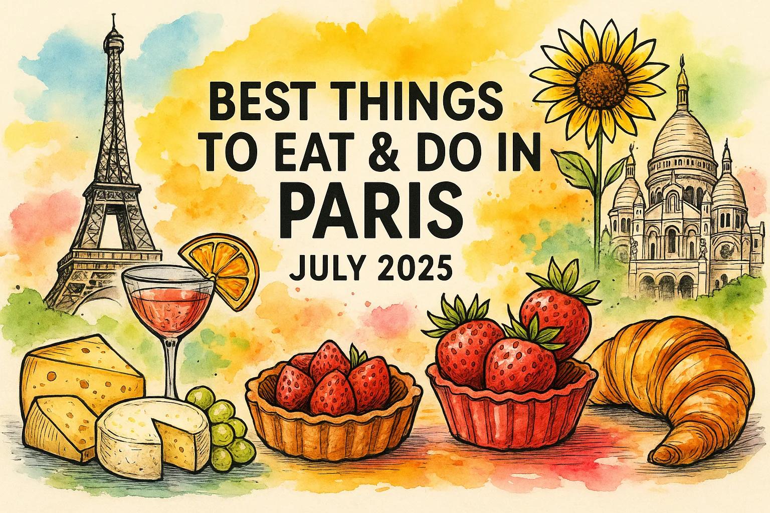 Watercolor illustration of Paris summer food scene for July 2025, featuring Eiffel Tower, Sacré-Cœur, strawberries, croissant, French cheese, and rosé cocktail—highlighting the best things to eat and do in Paris for foodies.