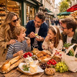 Family enjoying a Paris food tour with kids trying cheese and oysters during a relaxed market picnic experience