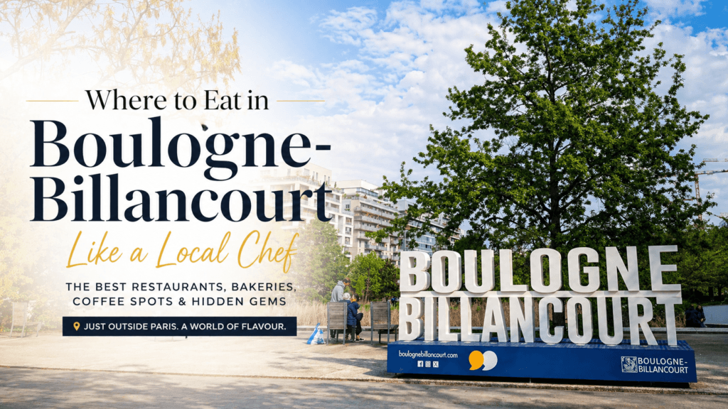 Boulogne-Billancourt sign in a local park representing the best places to eat in Boulogne-Billancourt near Paris