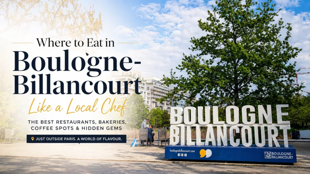 Boulogne-Billancourt sign in a local park representing the best places to eat in Boulogne-Billancourt near Paris