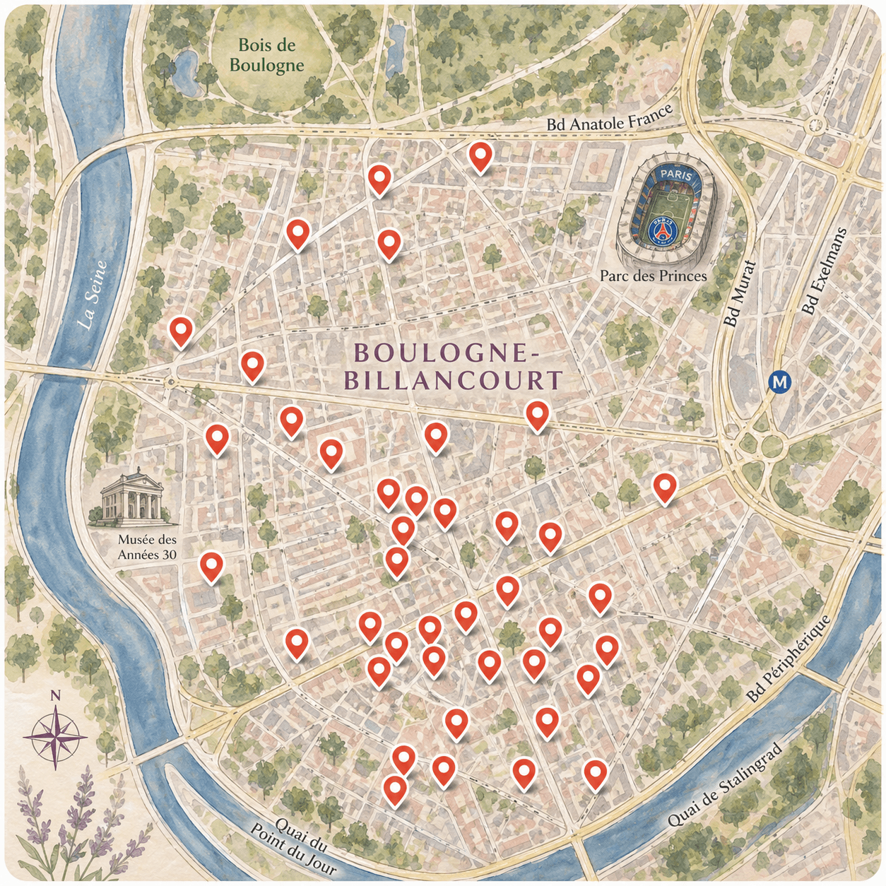 Boulogne-Billancourt food map with local restaurants, bakeries and markets curated by a chef