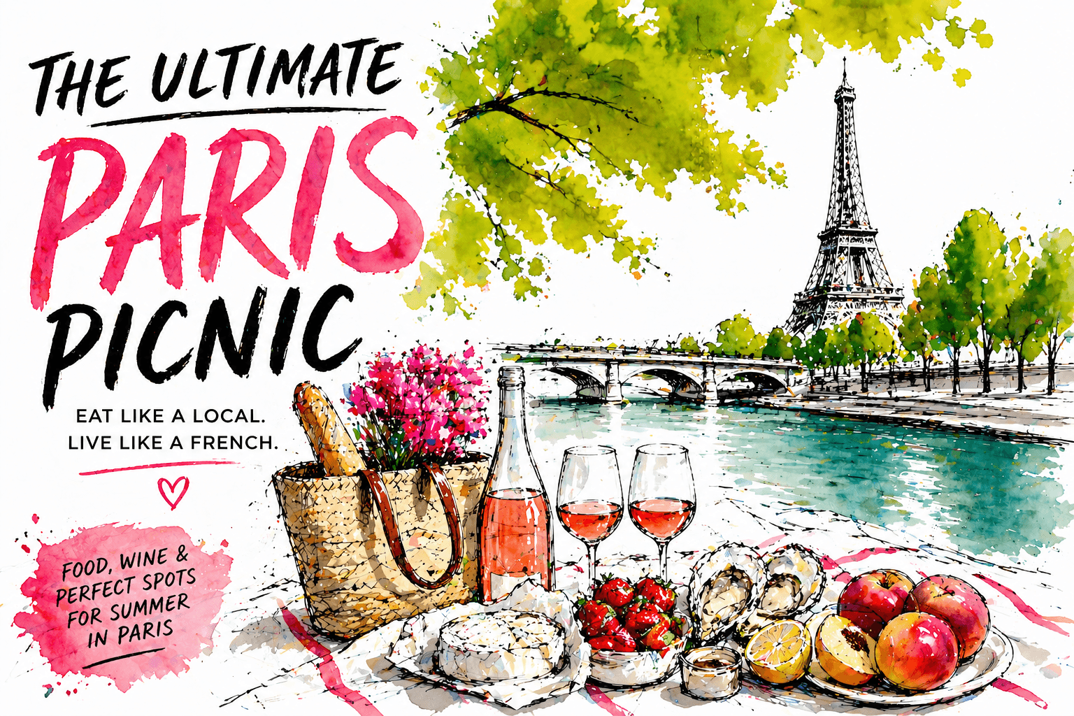 Perfect Paris picnic with baguette, cheese, wine and fruit by the Seine in summer
