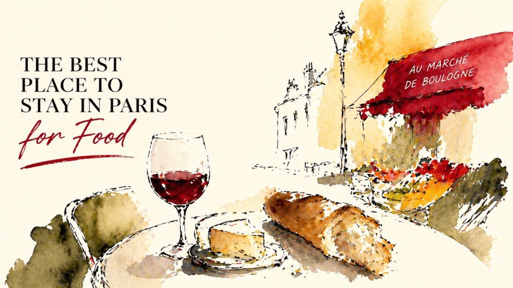 Minimalist illustration of eating in Boulogne-Billancourt Paris with wine, bread and local market scene